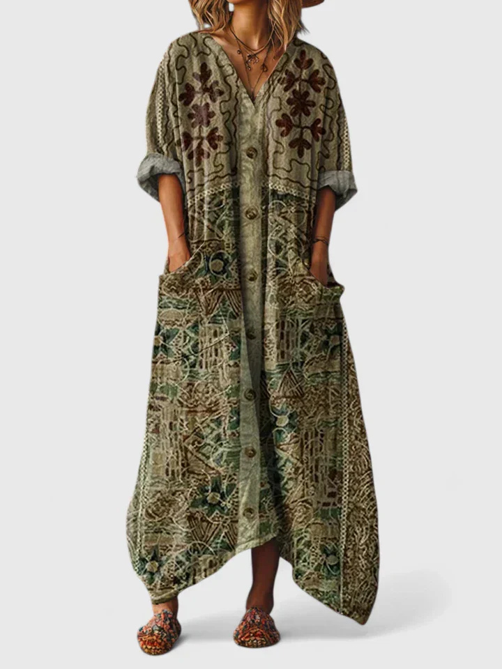 Nadia | Cotton Printed V Neck Front Pocket Elbow Sleeve Maxi Dress
