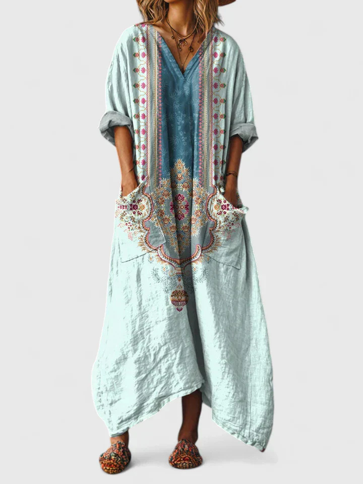 Nadia | Cotton Printed V Neck Front Pocket Elbow Sleeve Maxi Dress