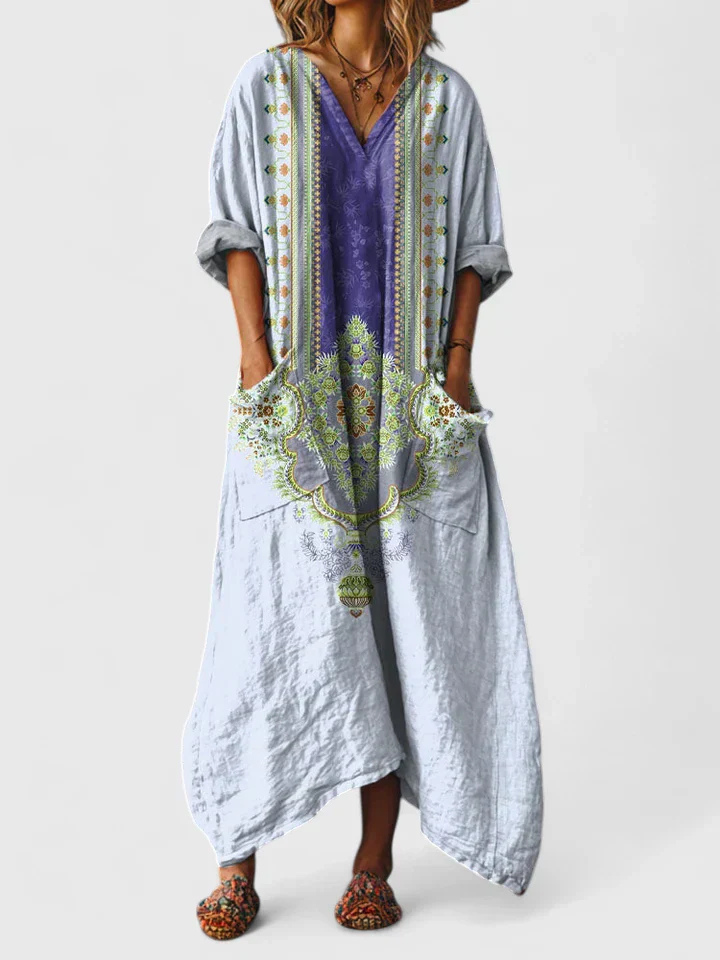 Nadia | Cotton Printed V Neck Front Pocket Elbow Sleeve Maxi Dress