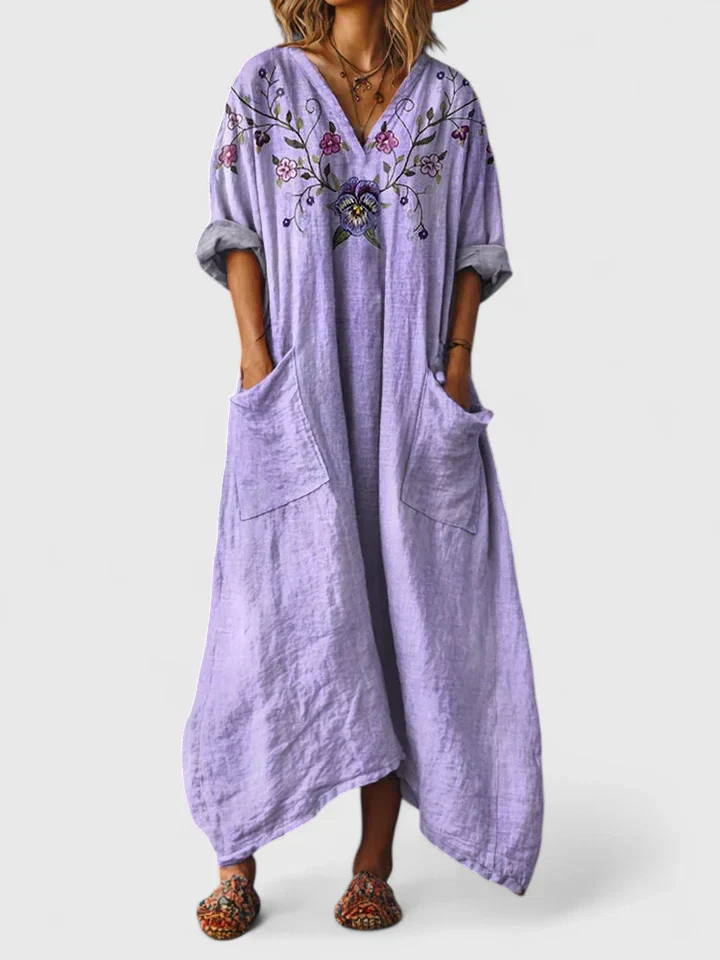Nadia | Cotton Printed V Neck Front Pocket Elbow Sleeve Maxi Dress