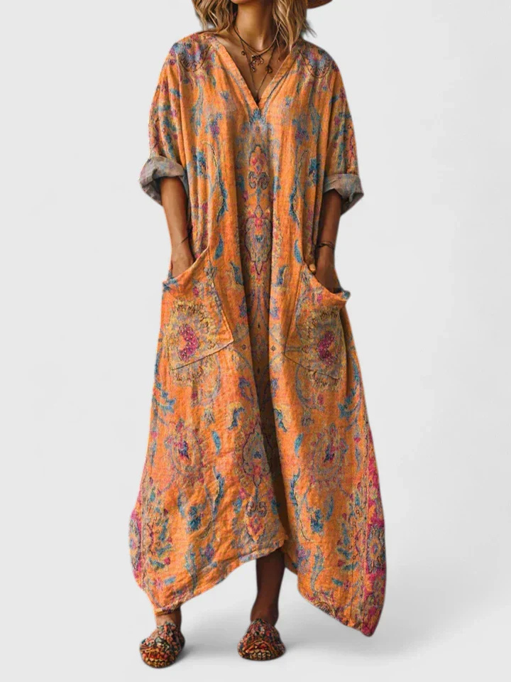 Nadia | Cotton Printed V Neck Front Pocket Elbow Sleeve Maxi Dress
