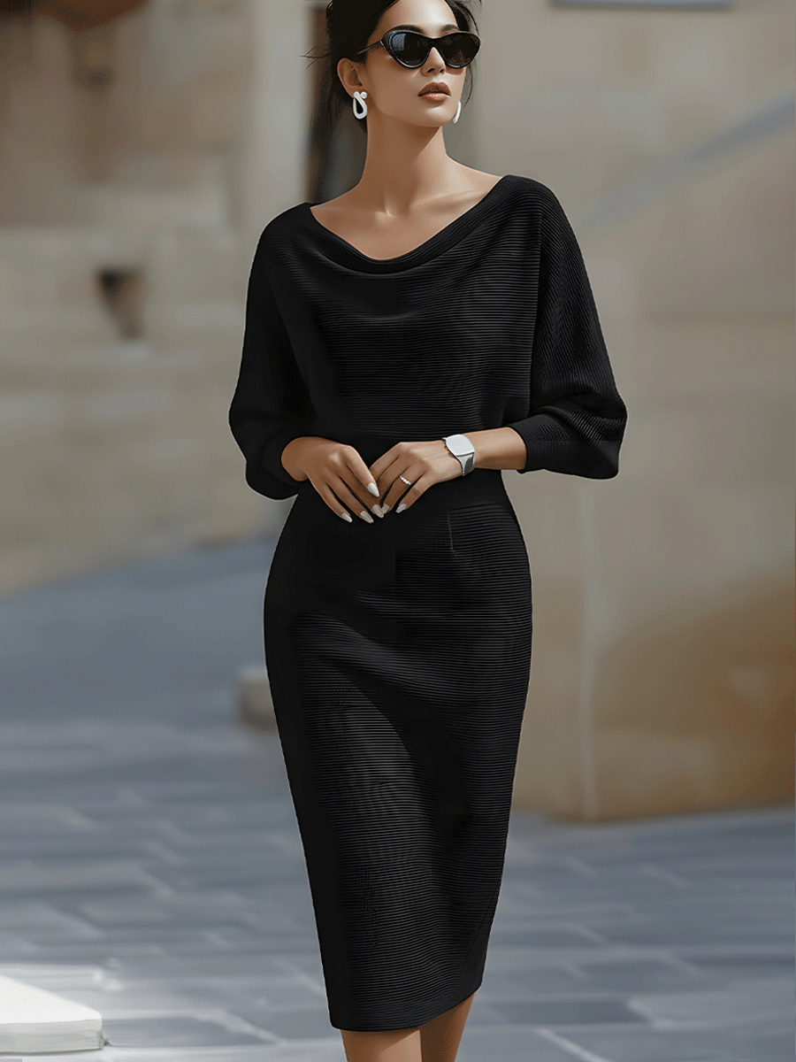 Sienna | Satin Cowl Neck Batwing Sleeve Bodycon Midi Dress