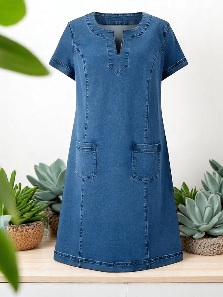 Effortless Blue Denim Shift Dress for Women with Notch V-Neck Short Sleeve Pocket Relaxed Casual Style
