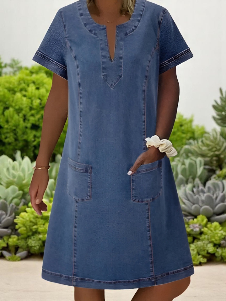 Effortless Blue Denim Shift Dress for Women with Notch V-Neck Short Sleeve Pocket Relaxed Casual Style
