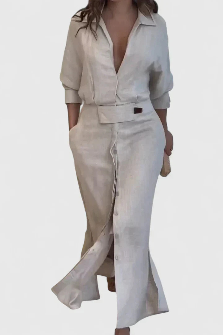 Effortless Satin Maxi Shirt Dress for Women with Button Front Tie Waist Side Slit Flowy Style