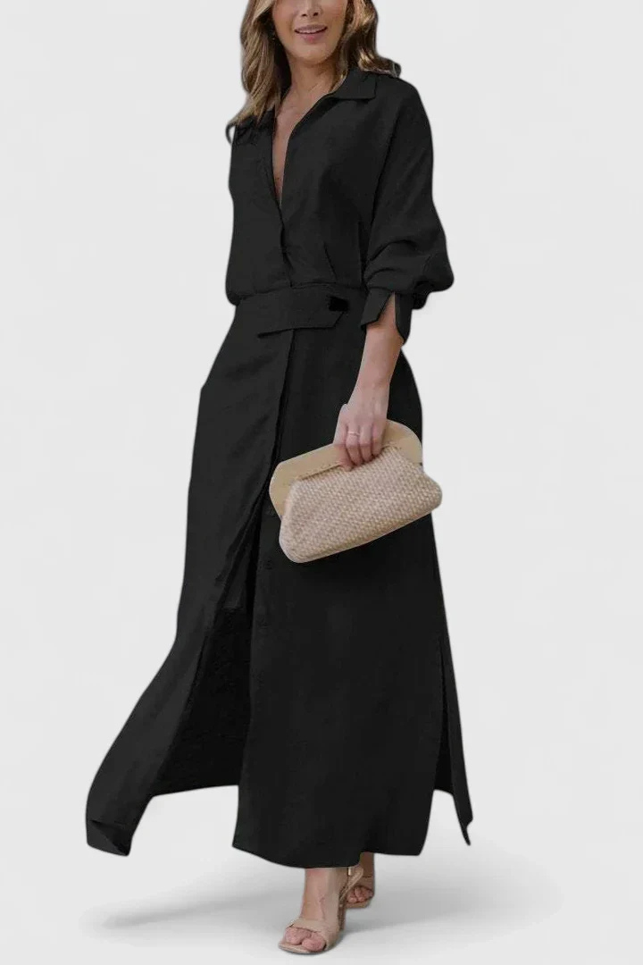 Effortless Satin Maxi Shirt Dress for Women with Button Front Tie Waist Side Slit Flowy Style