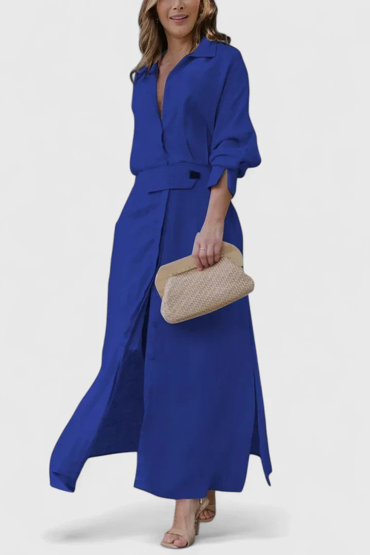 Effortless Satin Maxi Shirt Dress for Women with Button Front Tie Waist Side Slit Flowy Style