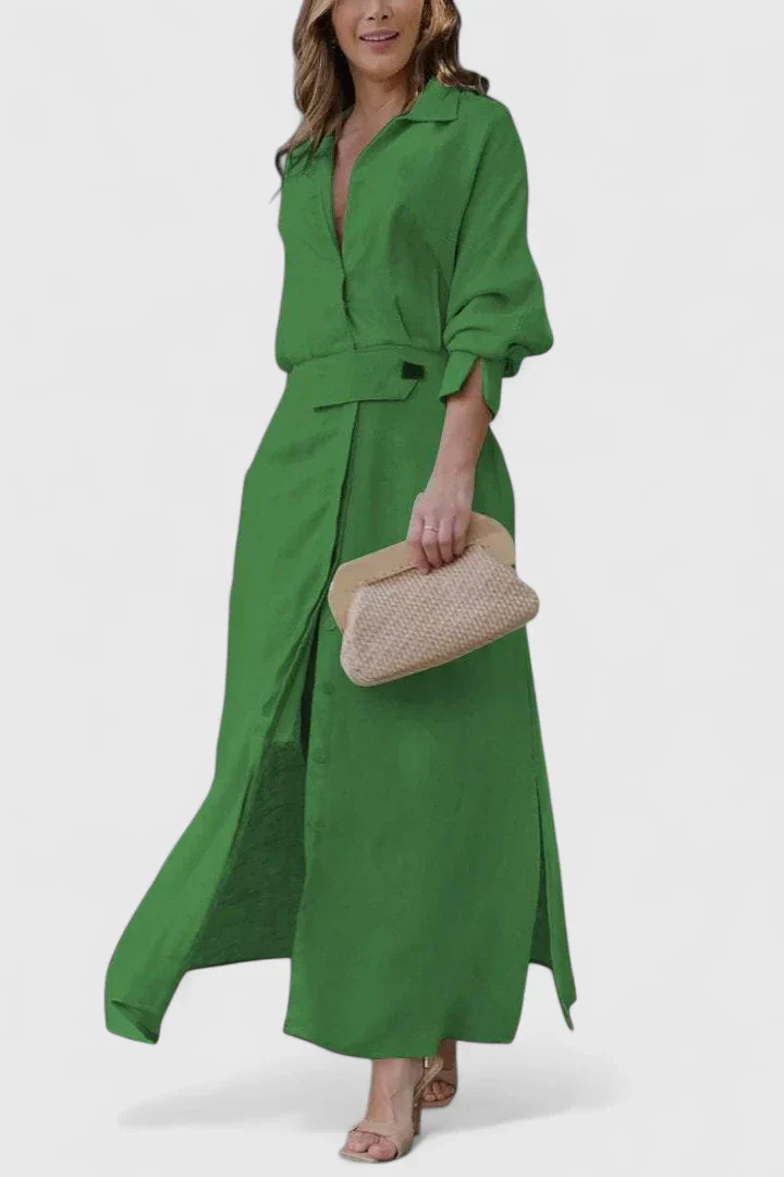 Effortless Satin Maxi Shirt Dress for Women with Button Front Tie Waist Side Slit Flowy Style
