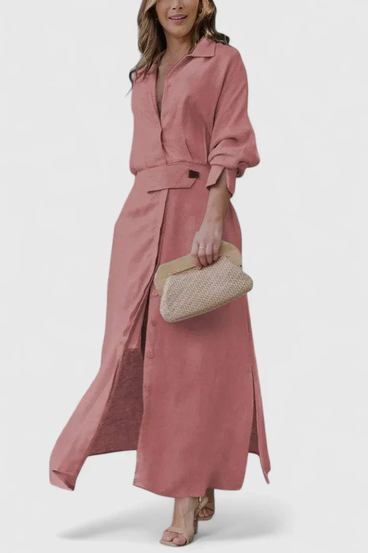 Effortless Satin Maxi Shirt Dress for Women with Button Front Tie Waist Side Slit Flowy Style