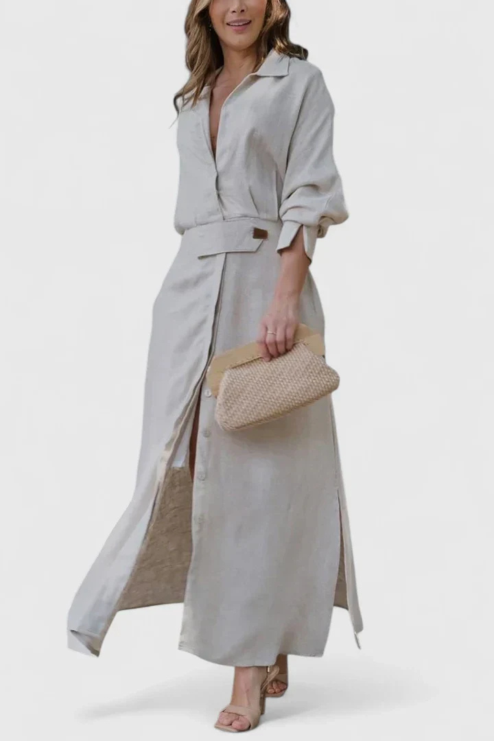 Effortless Satin Maxi Shirt Dress for Women with Button Front Tie Waist Side Slit Flowy Style