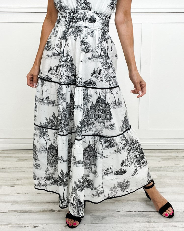 Daphne | Cotton Toile Print Elasticated Waist Short Sleeve Tiered Maxi Dress