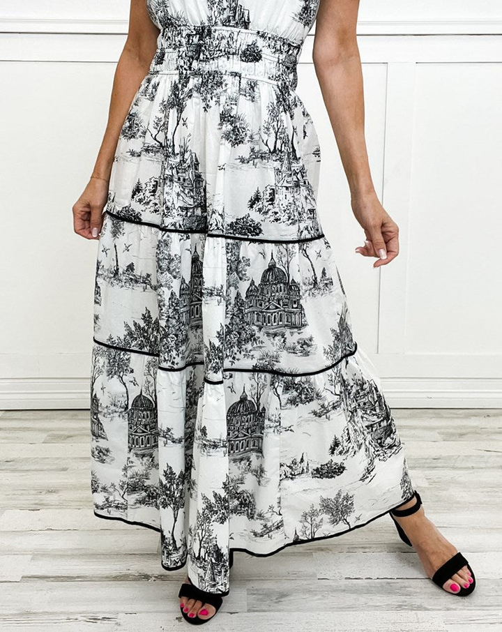 Daphne | Cotton Toile Print Elasticated Waist Short Sleeve Tiered Maxi Dress