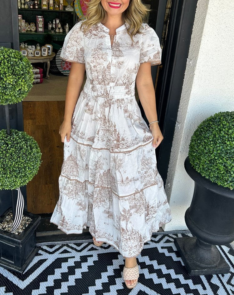 Daphne | Cotton Toile Print Elasticated Waist Short Sleeve Tiered Maxi Dress