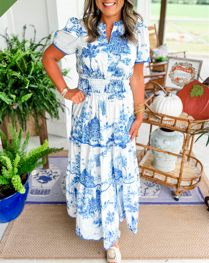 Daphne | Cotton Toile Print Elasticated Waist Short Sleeve Tiered Maxi Dress