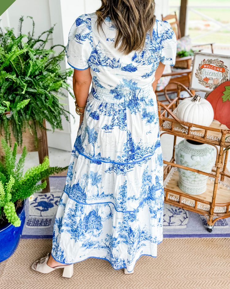 Daphne | Cotton Toile Print Elasticated Waist Short Sleeve Tiered Maxi Dress