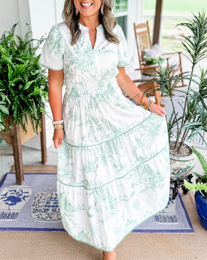 Daphne | Cotton Toile Print Elasticated Waist Short Sleeve Tiered Maxi Dress