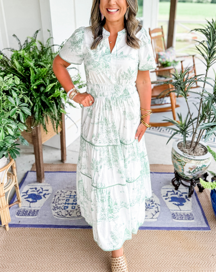 Daphne | Cotton Toile Print Elasticated Waist Short Sleeve Tiered Maxi Dress