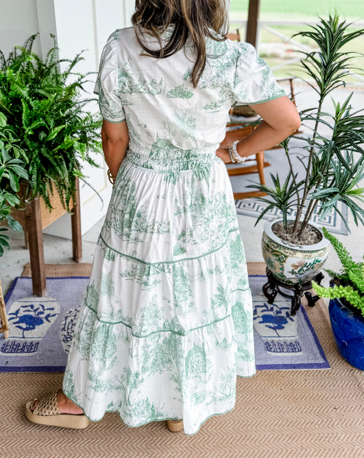 Daphne | Cotton Toile Print Elasticated Waist Short Sleeve Tiered Maxi Dress