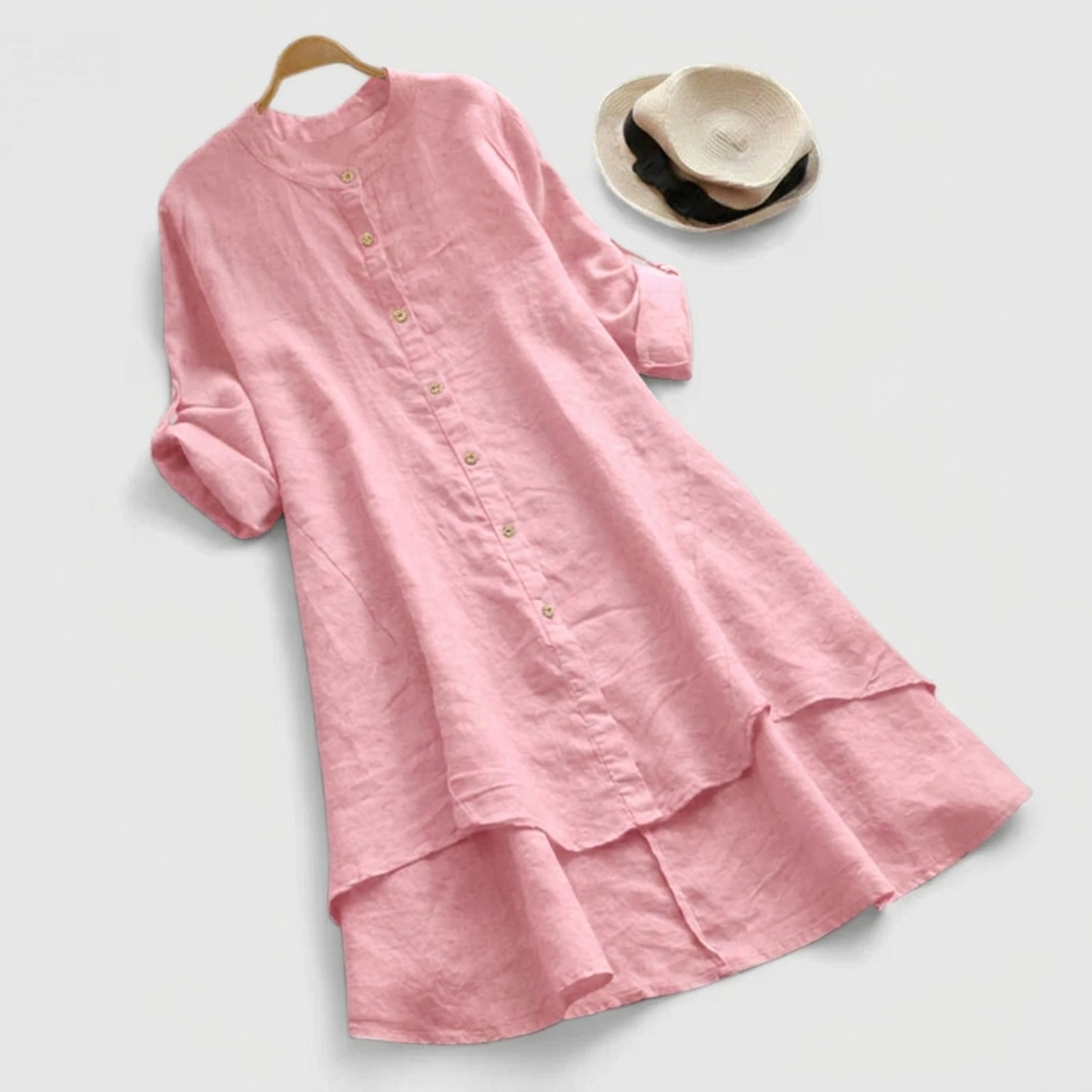 Haley | Linen Button Down Layered Hem Elbow Sleeve Shirt Dress