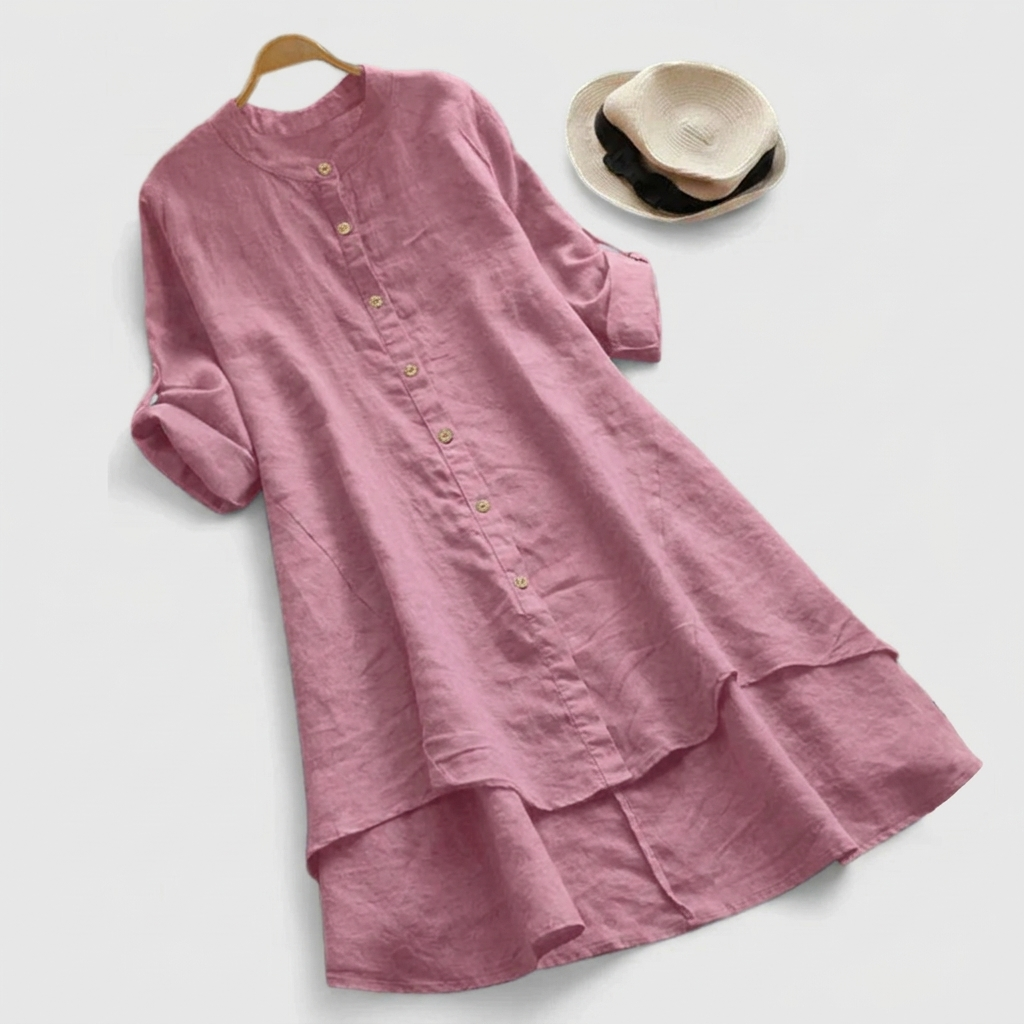 Haley | Linen Button Down Layered Hem Elbow Sleeve Shirt Dress