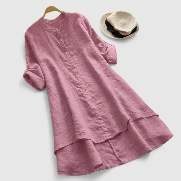 Haley | Linen Button Down Layered Hem Elbow Sleeve Shirt Dress
