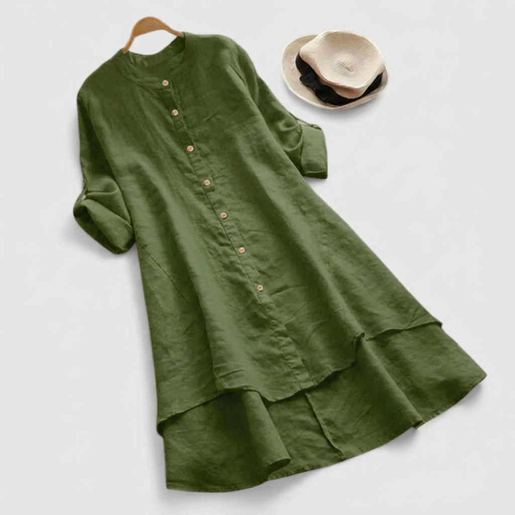Haley | Linen Button Down Layered Hem Elbow Sleeve Shirt Dress