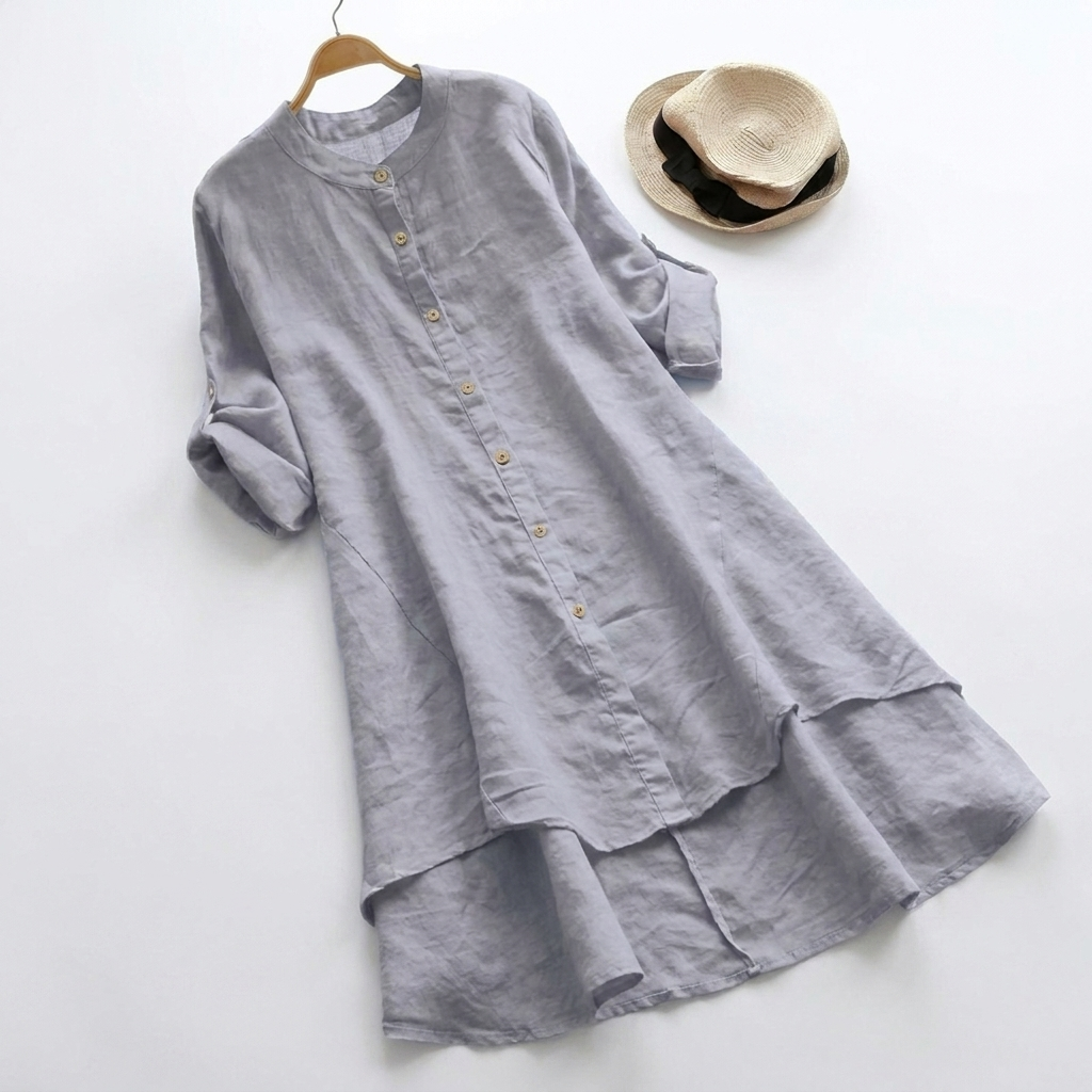 Haley | Linen Button Down Layered Hem Elbow Sleeve Shirt Dress