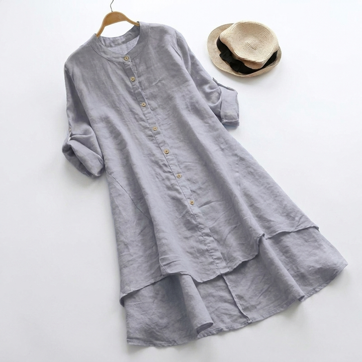 Haley | Linen Button Down Layered Hem Elbow Sleeve Shirt Dress