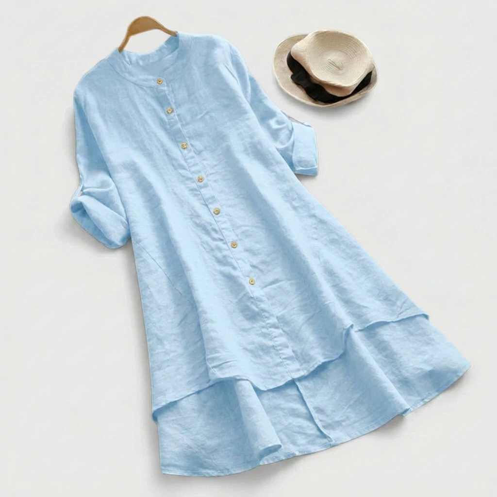 Haley | Linen Button Down Layered Hem Elbow Sleeve Shirt Dress