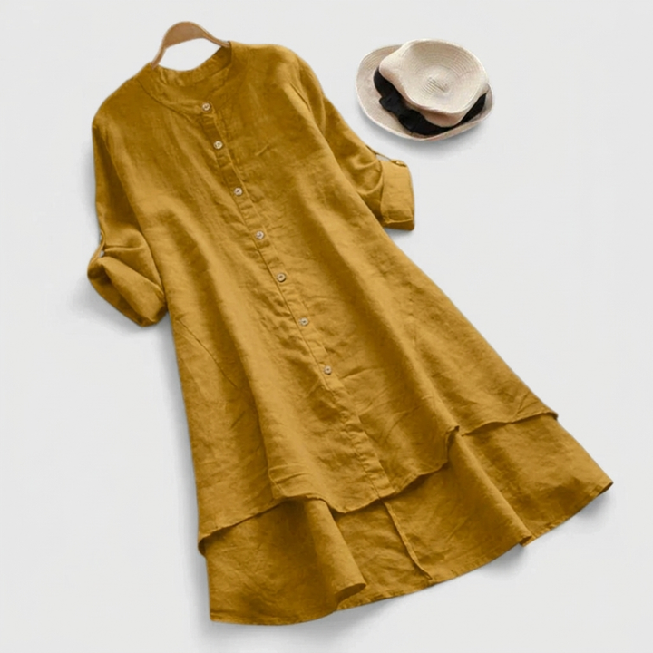 Haley | Linen Button Down Layered Hem Elbow Sleeve Shirt Dress