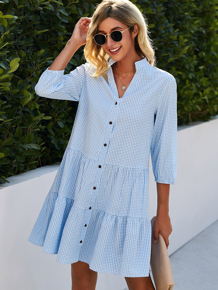 Naomi | Cotton Gingham Tiered Button Down Elbow Sleeve Mini Dress