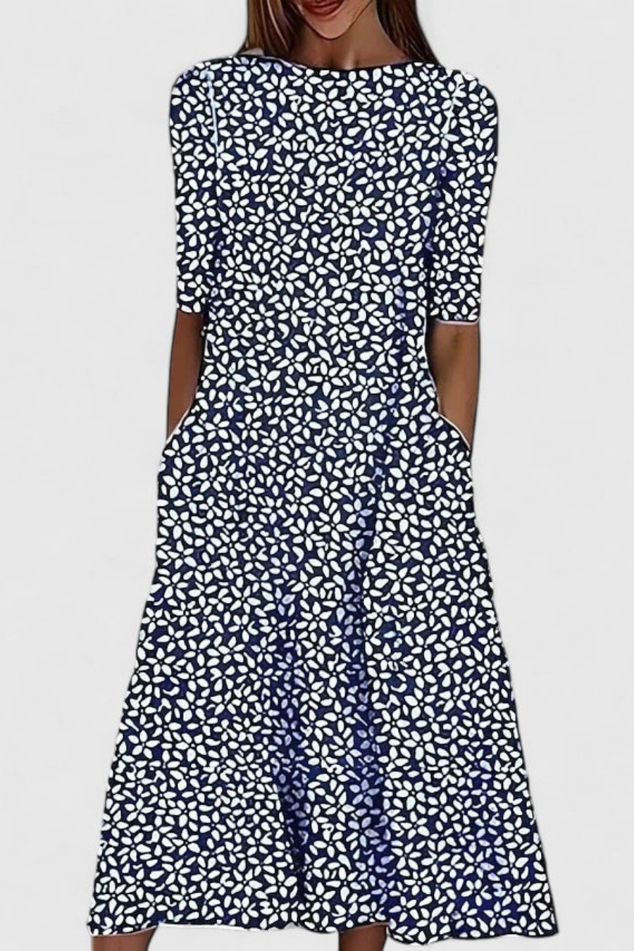 Brooke | Cotton Floral Print Round Neck Pocket Midi Dress