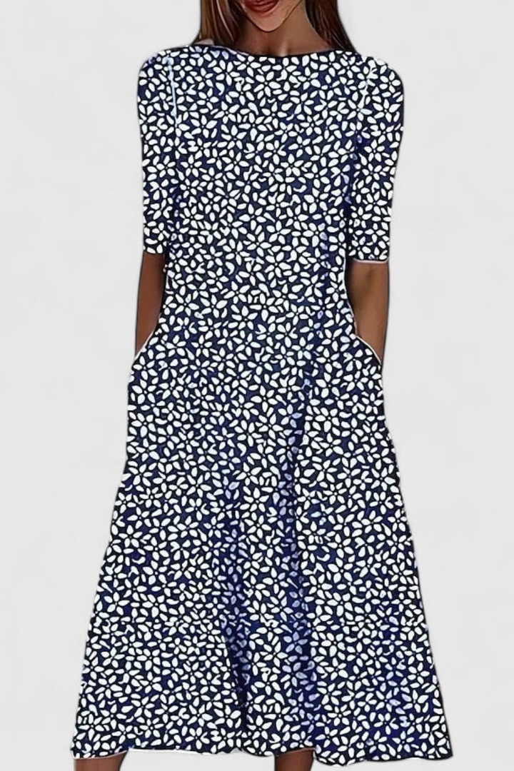 Brooke | Cotton Floral Print Round Neck Pocket Midi Dress