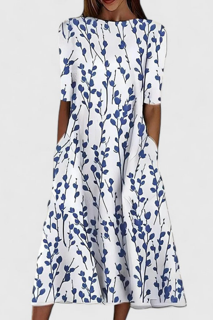Brooke | Cotton Floral Print Round Neck Pocket Midi Dress