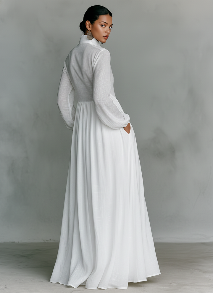 Lauren | Linen Stand Collar Pleated Maxi Dress for Women