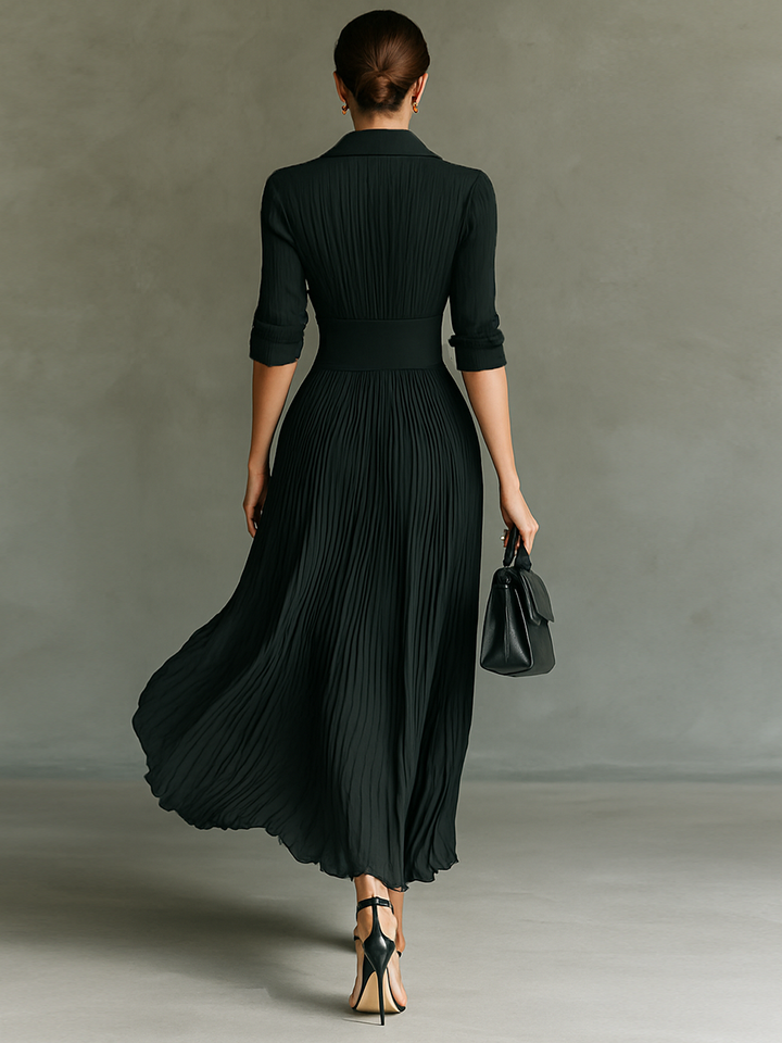 Petra | Black Pleated Lapel Corset Waist Long Sleeve Maxi Dress
