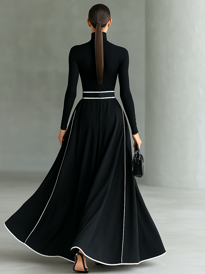 Reese | Turtleneck White Trim Belt Waist Flared Maxi Dress