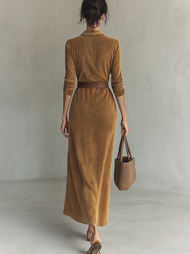 Savannah | Suede Lapel Collar Belt Waist Long Sleeve Fitted Maxi Dress for Women