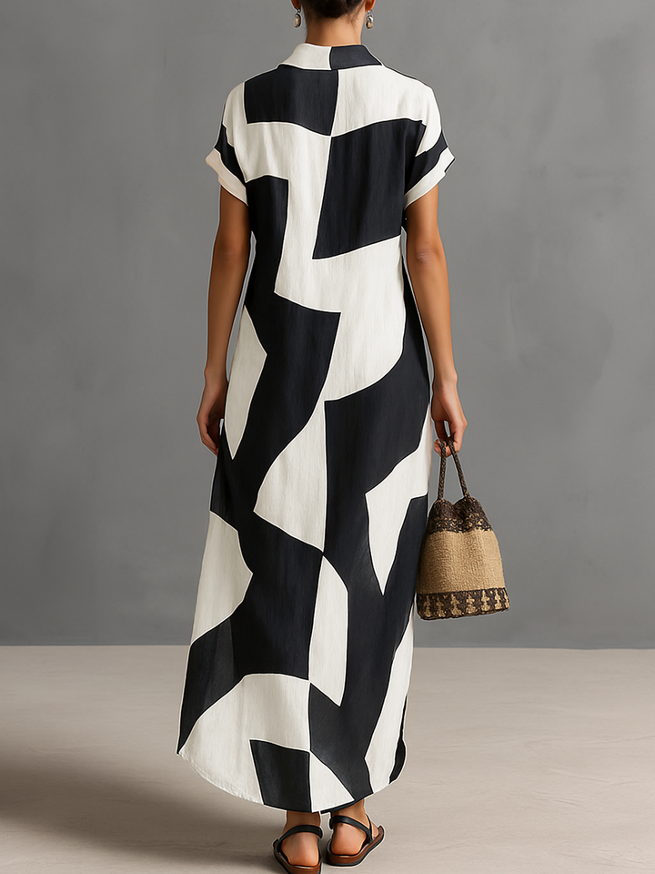 Blair | Black White Color Block Linen Shirt Maxi Dress