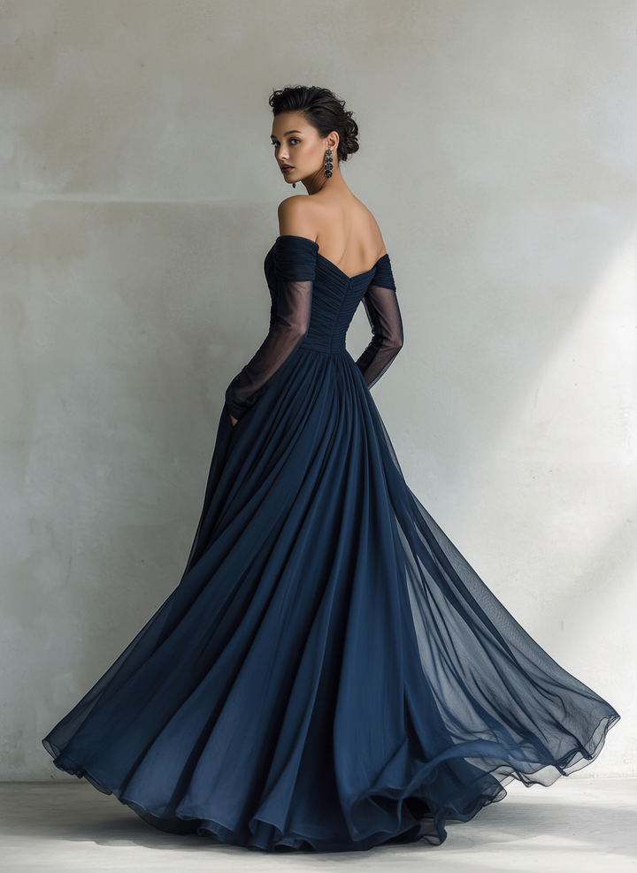 Serena | Formal Wedding Guest Dresses for Women Off Shoulder Sheer Sleeve Chiffon Maxi Style