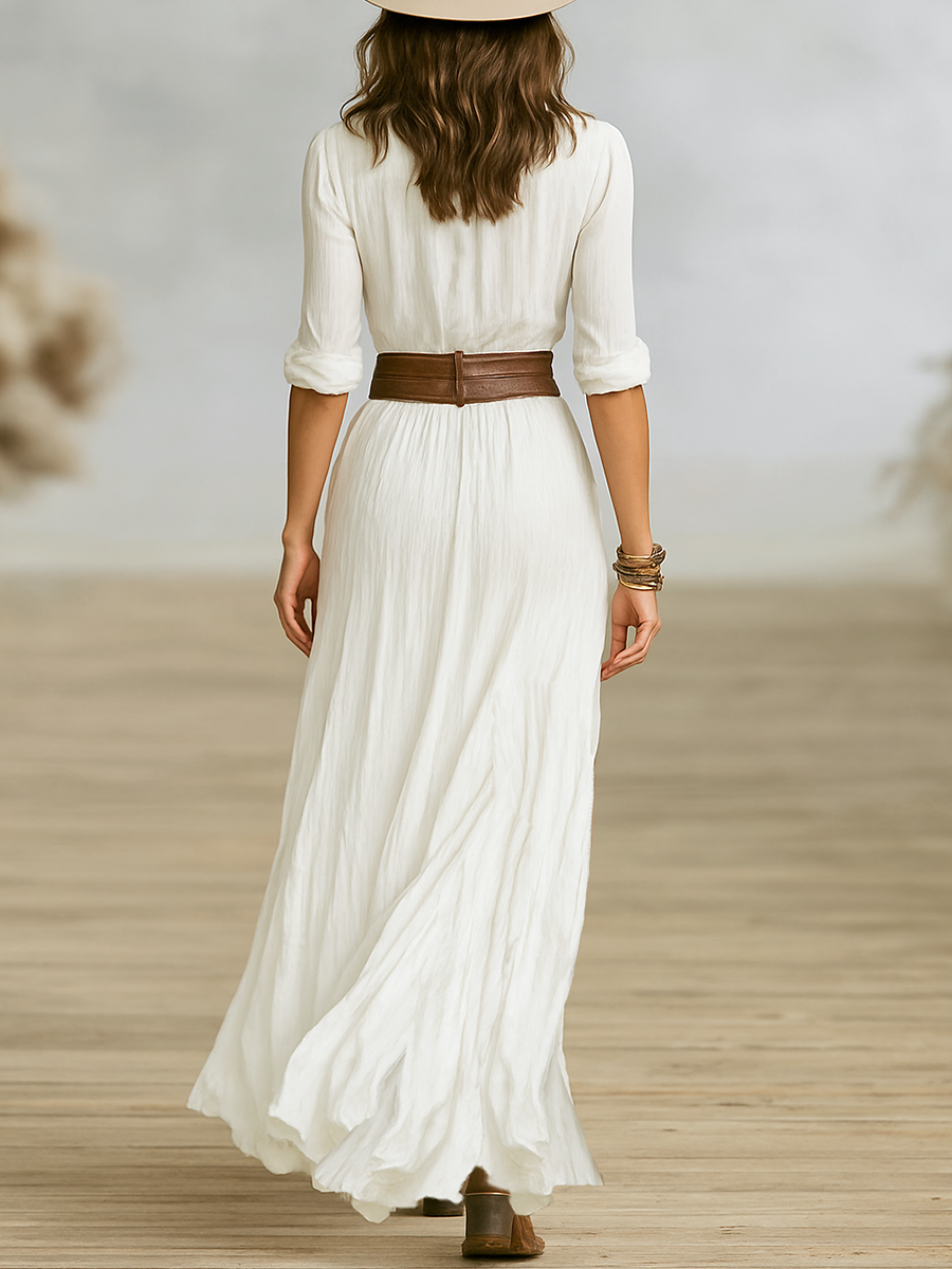 Cassidy | Pleated Linen Shirt Dress with Belt Waist Side Slit Maxi Style