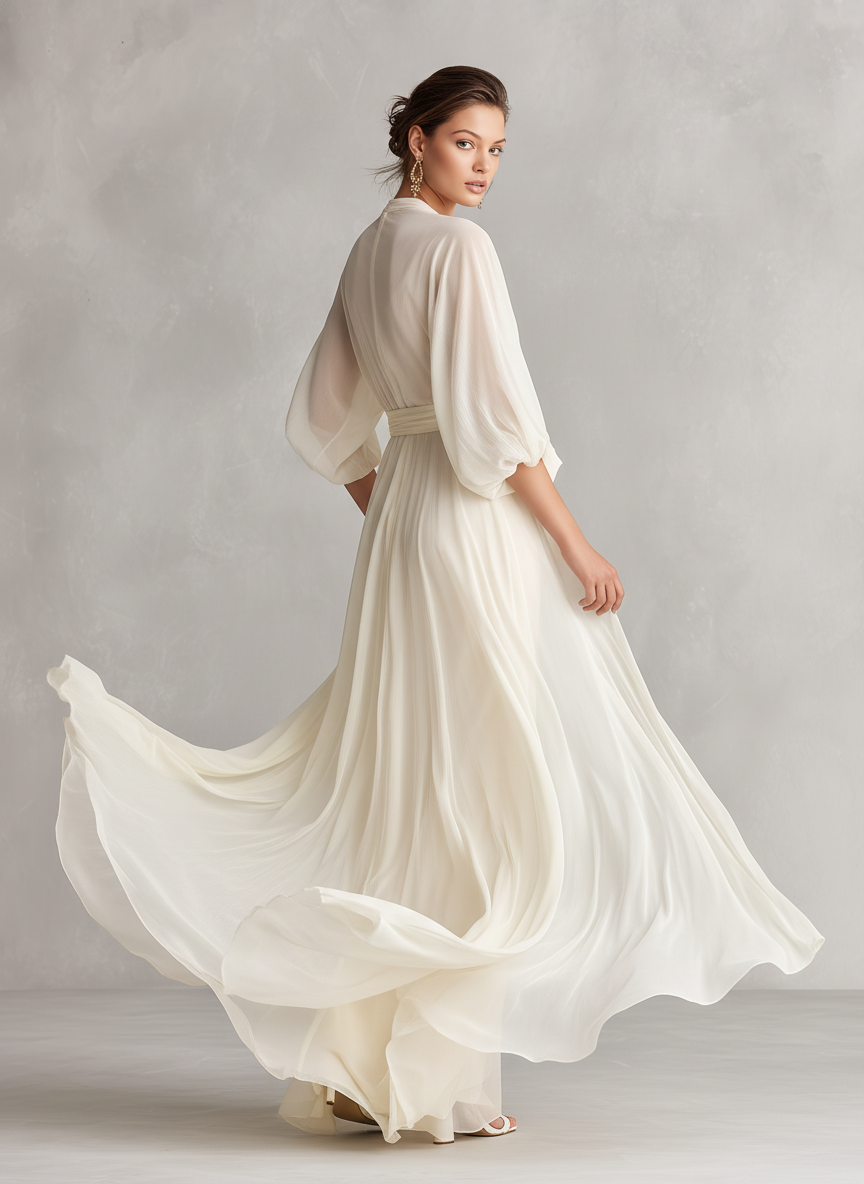 Celeste | Ivory Chiffon Wrap V Neck Puff Sleeve Formal Maxi Dress