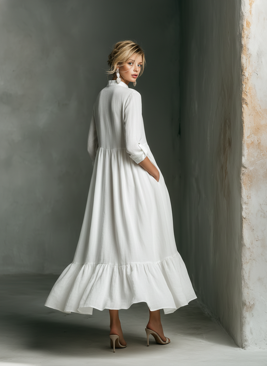 Haley | White Linen Tiered Ruffle Hem Long Sleeve Maxi Dress for Women
