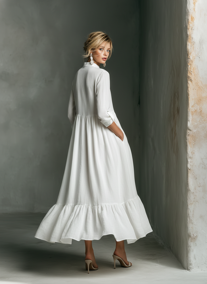 Haley | White Linen Tiered Ruffle Hem Long Sleeve Maxi Dress for Women