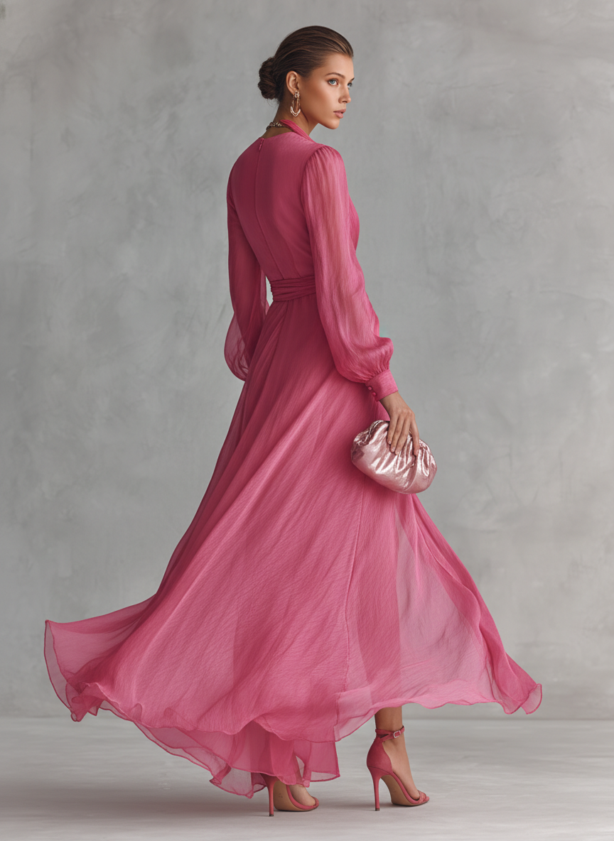 Gabrielle | Pink Dresses for Women with V Neck Tie Waist Chiffon Maxi Style