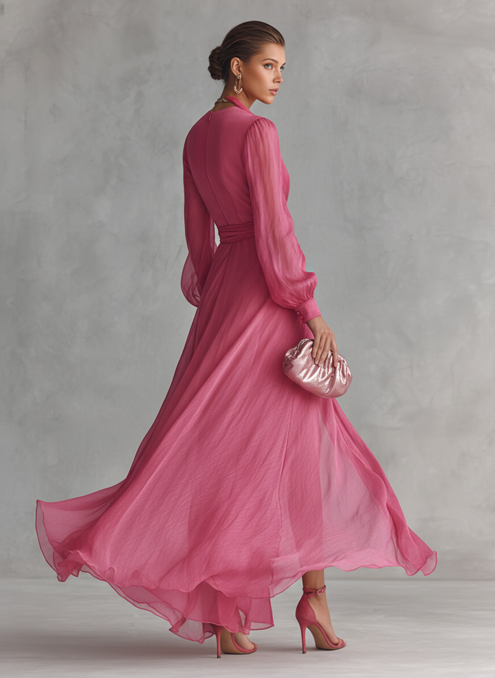 Gabrielle | Pink Dresses for Women with V Neck Tie Waist Chiffon Maxi Style