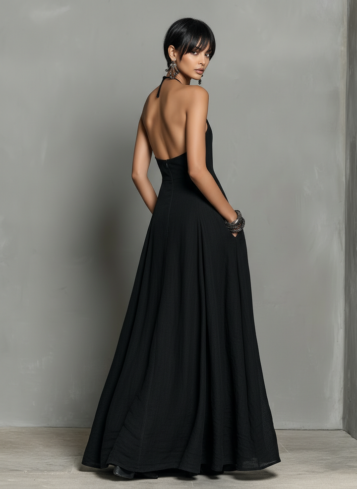 Natalie | Black Linen Halter Neck Sleeveless Maxi Dress for Women