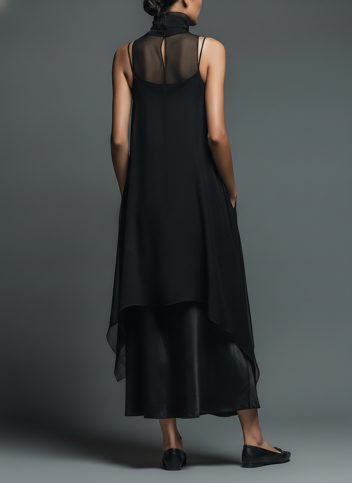 Noelle | Black Slip Dress for Women with Turtleneck Chiffon Overlay Spaghetti Strap Maxi Style