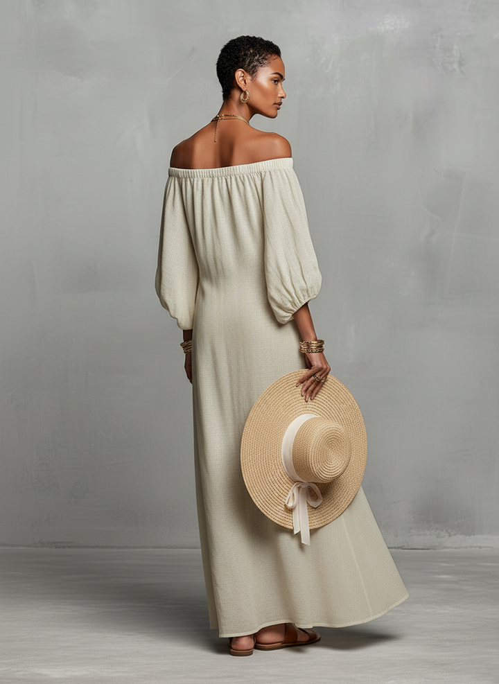 Roselyn | Off Shoulder Floral Embroidered Puff Sleeve Maxi Dress for Women