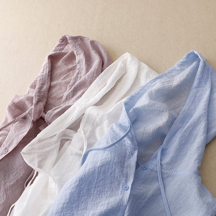 Effortless Linen Hooded Shirt for Women with Long Sleeve Button Front High Low Hem Casual Style